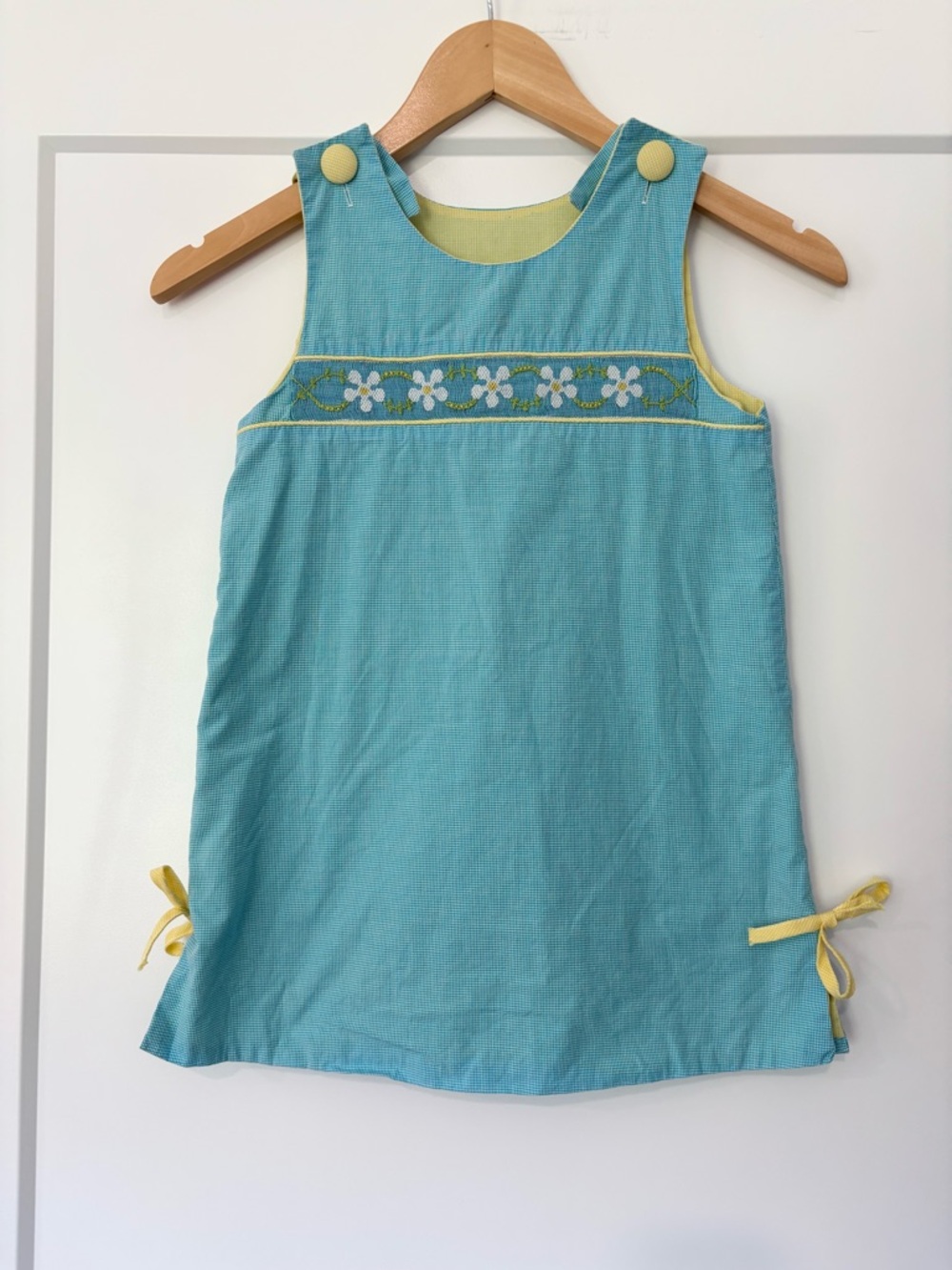 Vintage 90s Beaux et Belles Teal Yellow Gingham Daisy Floral Smocked Dress 4T